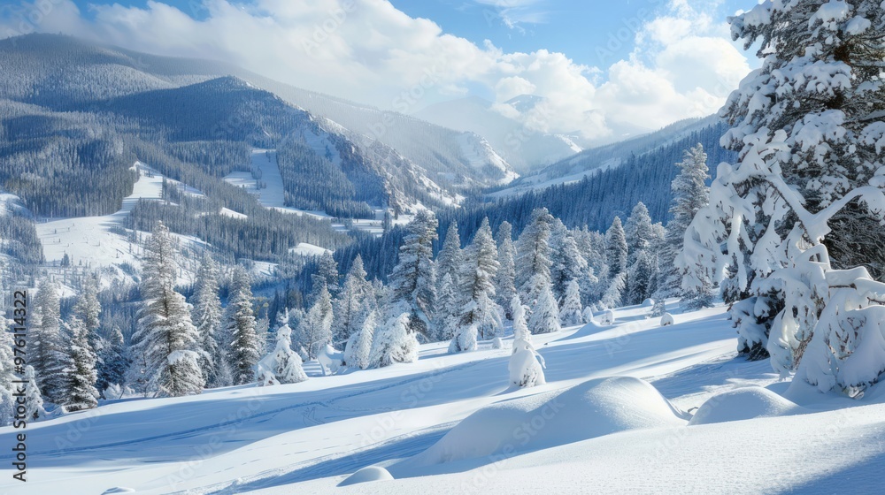 A winter scene in the Colorado Mountains with snow-covered slopes A winter scene in the Colorado Mountains with snow-covered slopes