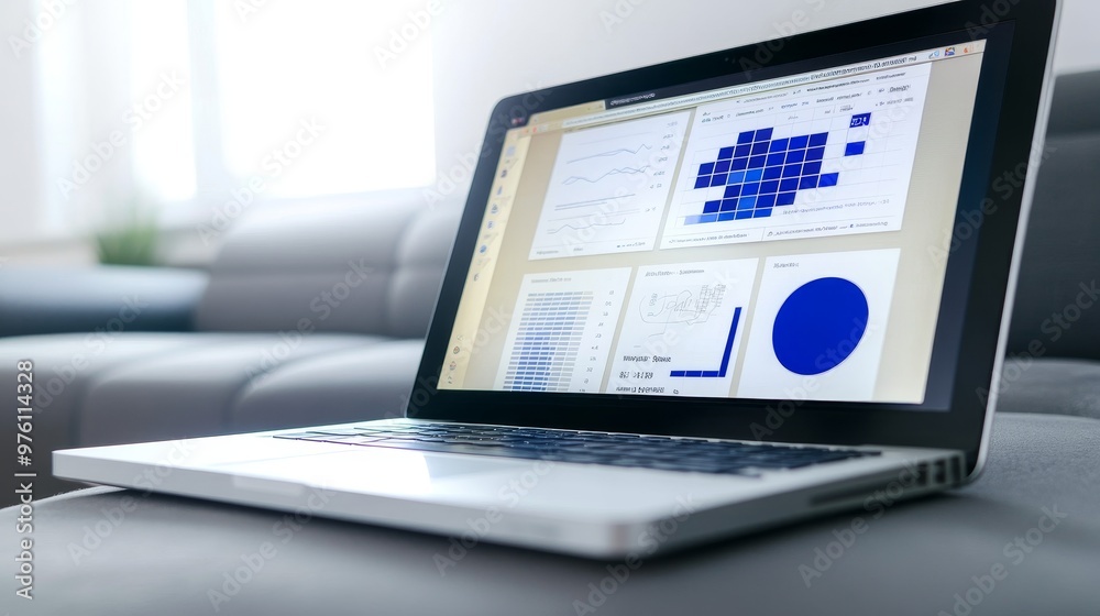 Modern strategic planning with open laptop displaying digital business plan.