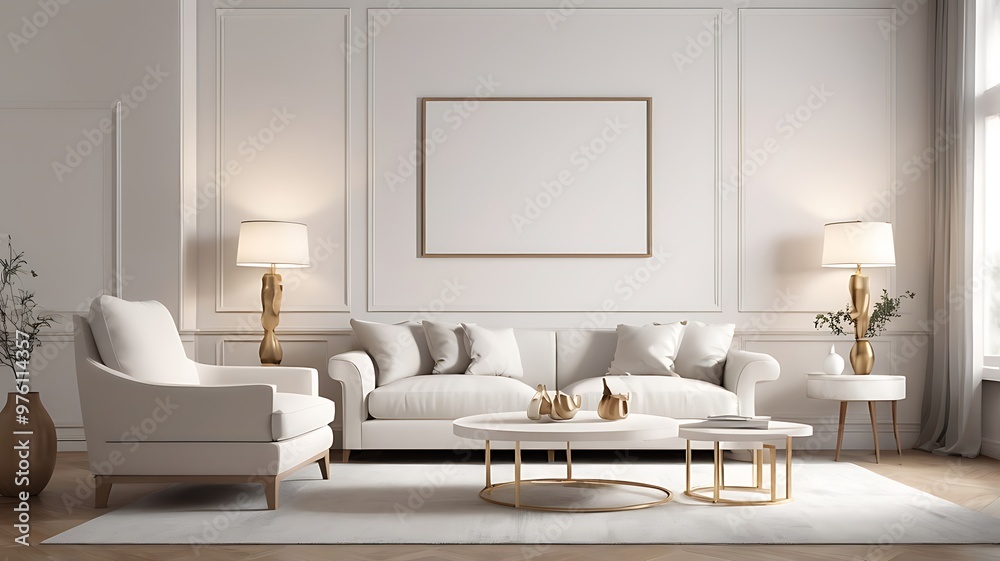 Interior of living room with cozy white sofa, armchair and lamps Interior of living room with cozy white sofa, armchair and lamps