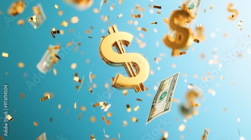 Golden dollar signs with confetti on pay day celebration banner, 3D render photo