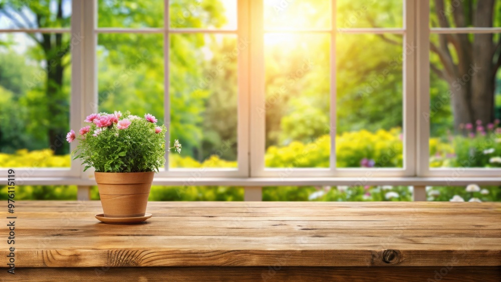 A wooden table in front of a defocused summer window with a flower pot A wooden table in front of a defocused summer window with a flower pot