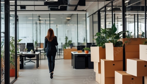 Businesswoman walking through modern office with moving boxes photo