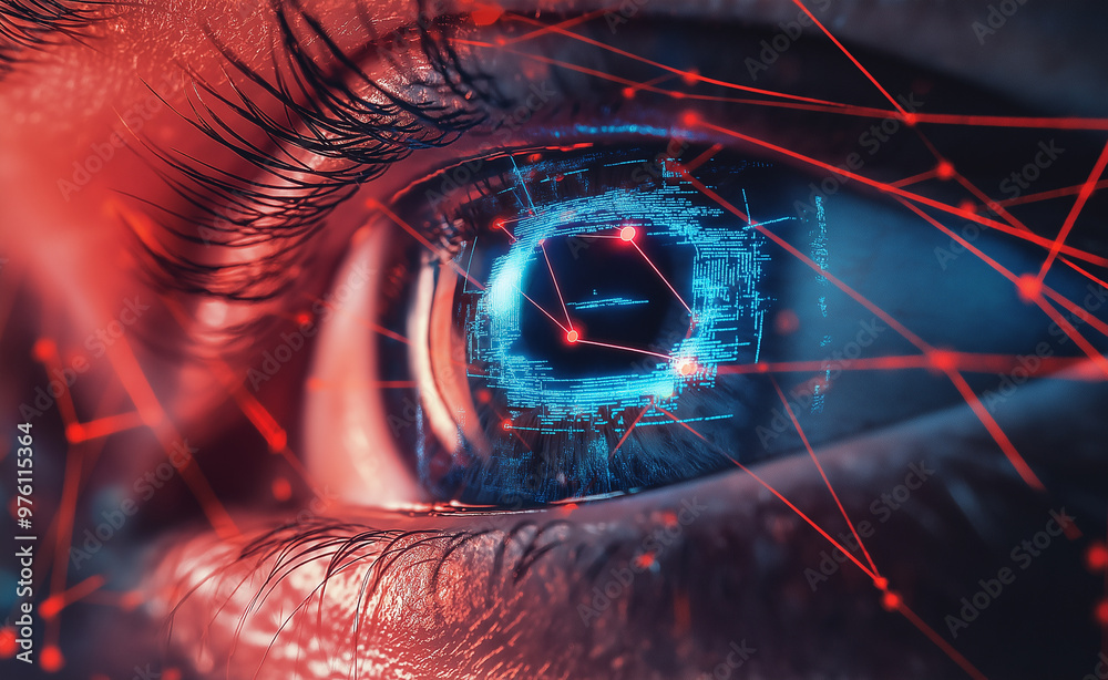A close-up of a human eye reflecting digital and technological imagery, symbolizing advanced technology and human connection.