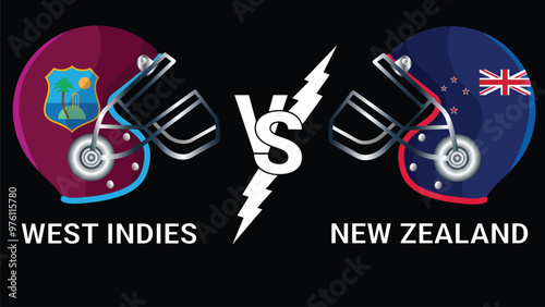 West Indies Vs New Zealand 3D Illustration vector flags over cricket Helmet for Versus Match with Black Background