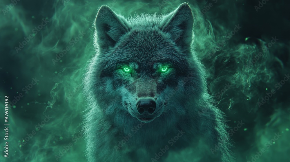 Synesthesia particles, neon wolf portrait with aurora borealis background, green palette. Synesthesia particles, neon wolf portrait with aurora borealis background, green palette.