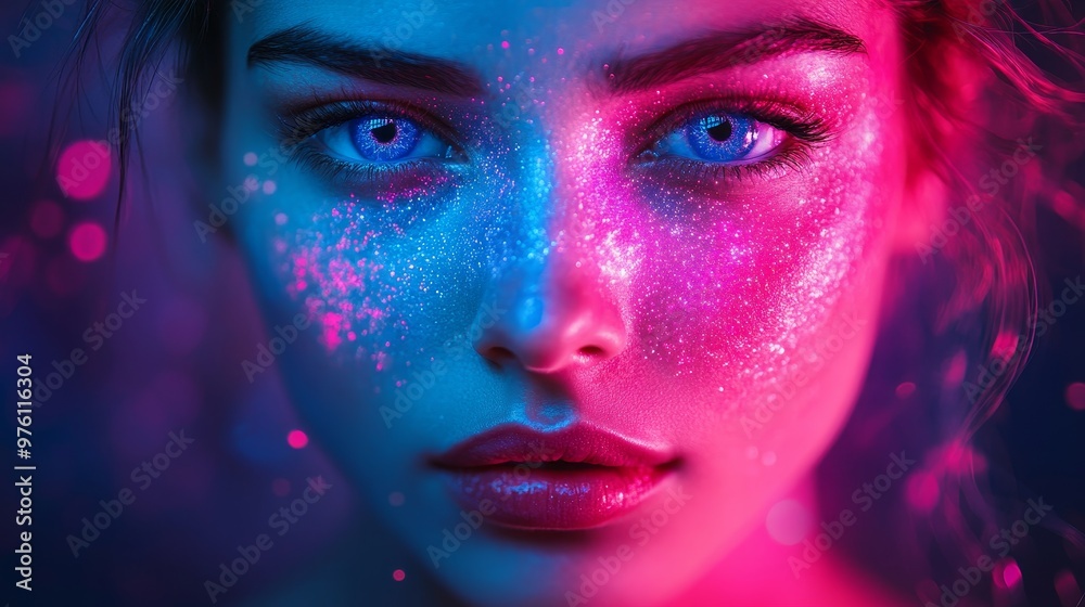 Synesthesia particles with aurora borealis background, neon bright woman portrait in pink palette Synesthesia particles with aurora borealis background, neon bright woman portrait in pink palette