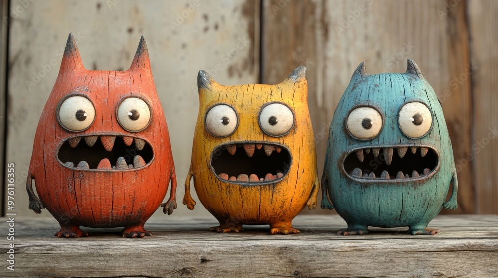 Fototapeta premium Monster House Trio, Cartoon Wooden Texture, Minimalist Design, High Saturation, Light Background, Bright Studio Lighting, 3D