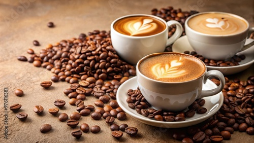 Closeup of gourmet coffee in cups and beans on beige table