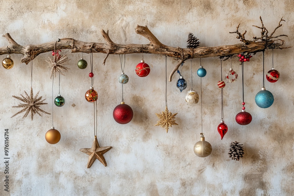 Charming wall display of wooden branches and festive ornaments infuses holiday cheer into home Charming wall display of wooden branches and festive ornaments infuses holiday cheer into home
