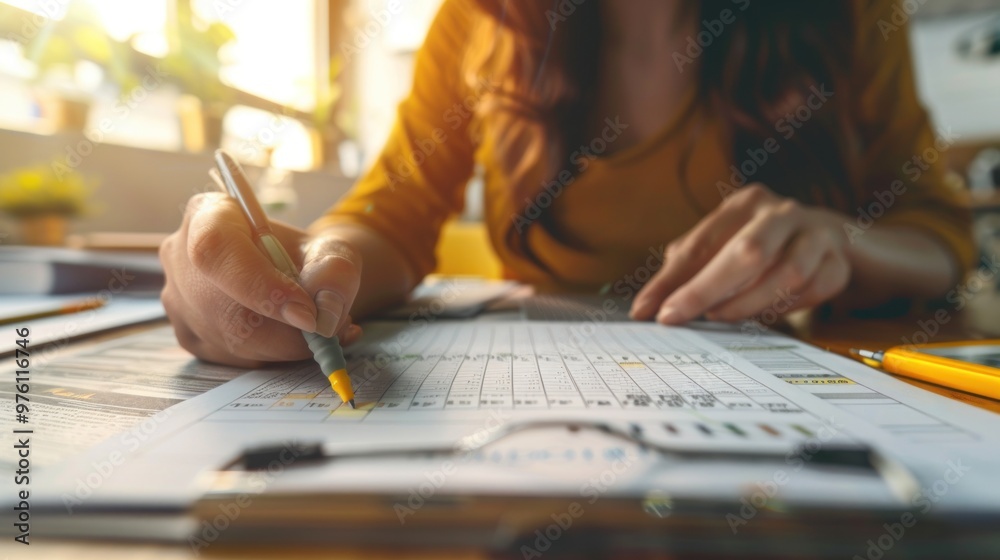 An event planner reviewing a checklist and calendar for an upcoming event. An event planner reviewing a checklist and calendar for an upcoming event.