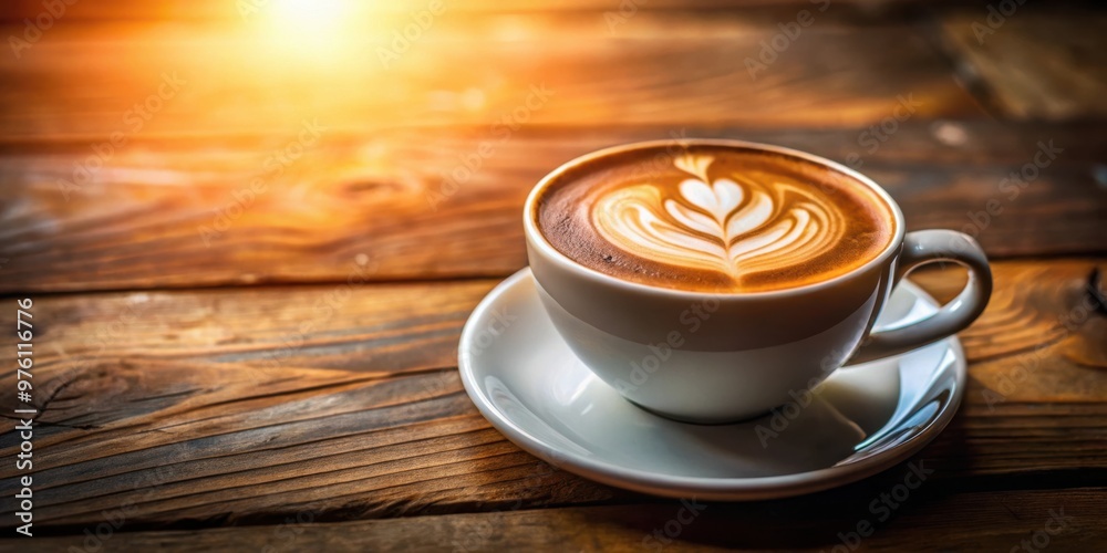 Latte coffee art in a cup on a wooden table illuminated by light Latte coffee art in a cup on a wooden table illuminated by light