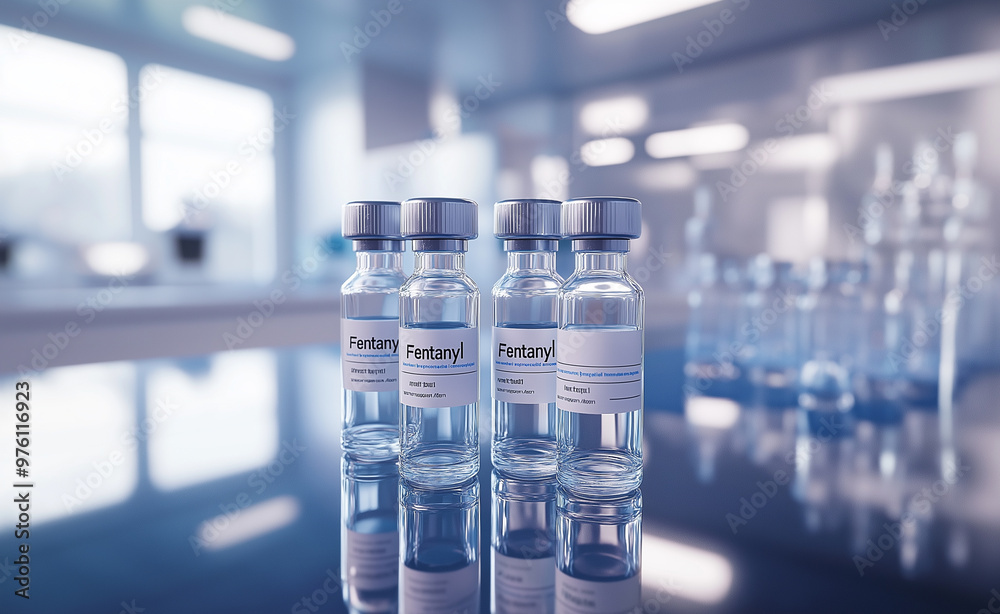 Several vials of fentanyl in a clinical, sterile laboratory environment with soft lighting. Several vials of fentanyl in a clinical, sterile laboratory environment with soft lighting.