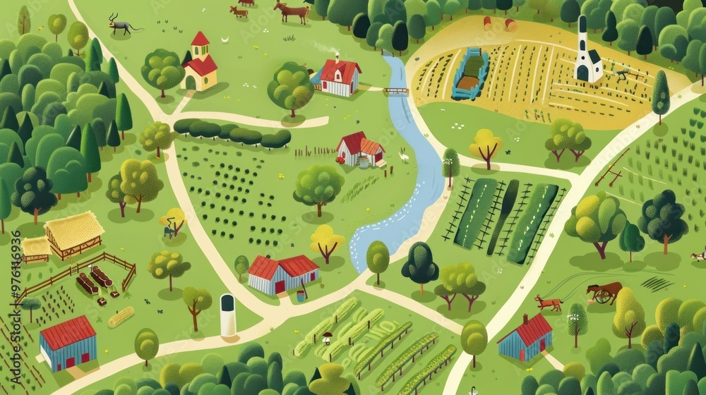 An illustrated map of a farm showing different areas and activities ...