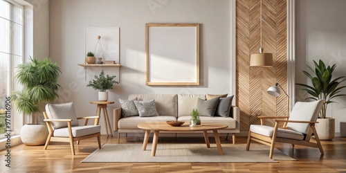 Mock up poster in warm Scandinavian style living room interior with wooden decor, render