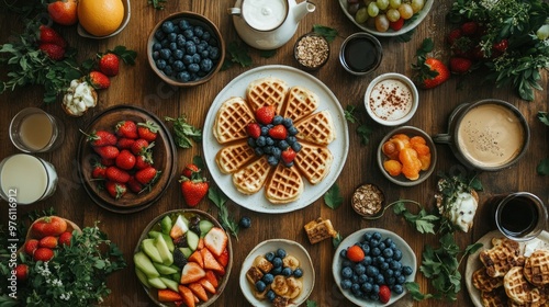 A vibrant spread of breakfast foods on a wooden table.