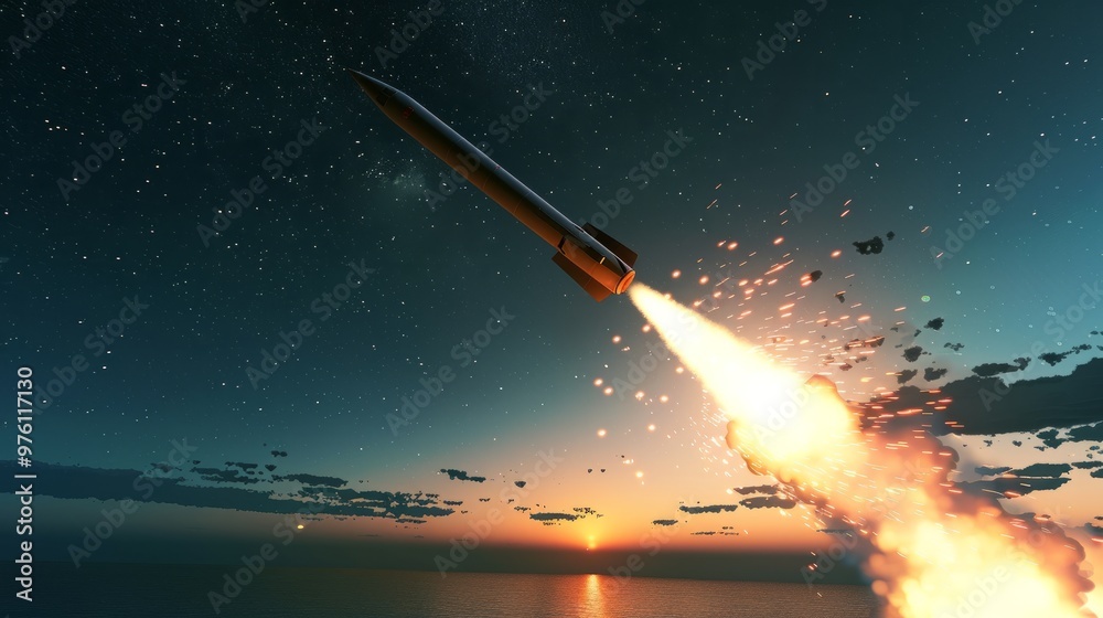 Aerial view of missile launchfrom warship towards distanttarget, fiery trail in dark skyand ocean,showcasingmilitary strike intensity andprecision. Aerial view of missile launchfrom warship towards distanttarget, fiery trail in dark skyand ocean,showcasingmilitary strike intensity andprecision.