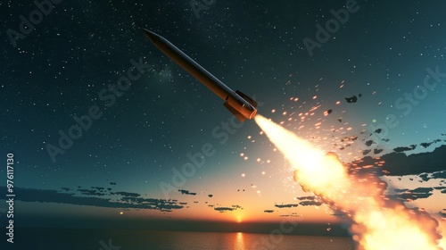 Aerial view of missile launchfrom warship towards distanttarget, fiery trail in dark skyand ocean,showcasingmilitary strike intensity andprecision. photo