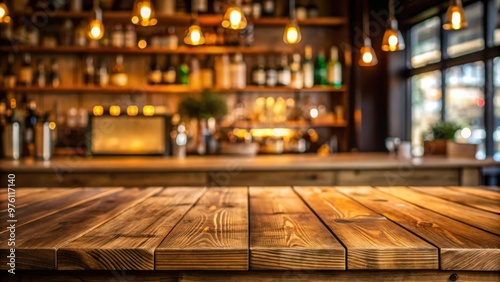 Wooden table with a blurred view of a beverages bar in the background