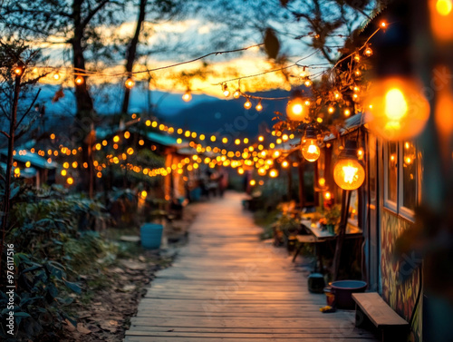 A small, close-knit rural community gathered for a traditional festival, celebrating under strings of lights.