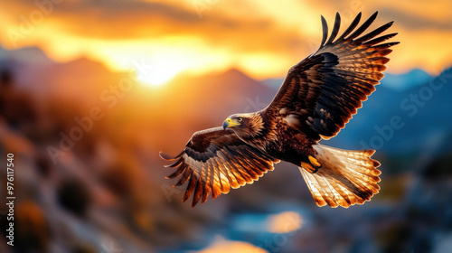 A soaring eagle flying above a vast canyon, symbolizing freedom, strength, and limitless potential. photo