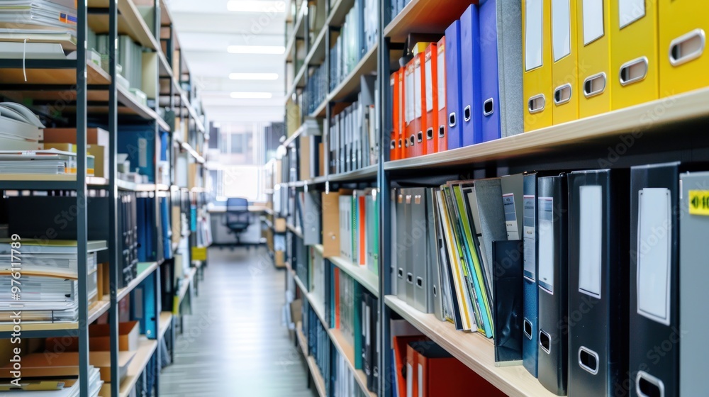 An office with shelves of document storage bins and organizational systems An office with shelves of document storage bins and organizational systems