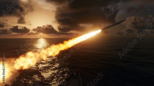 Aerial view of missile launchfrom warship towards distanttarget, fiery trail in dark skyand ocean,showcasingmilitary strike intensity andprecision. photo