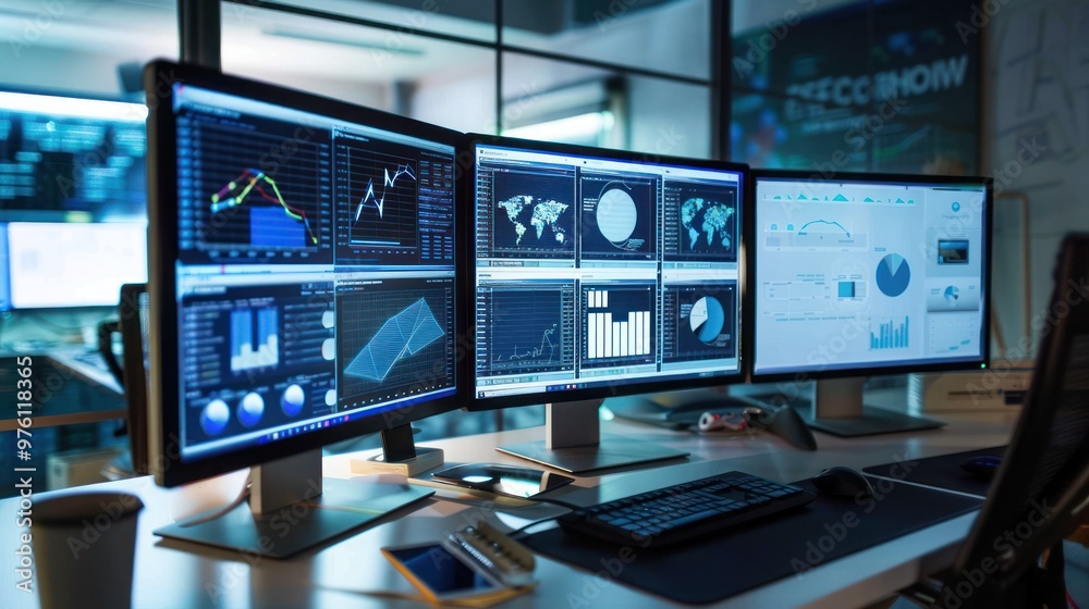 An office workspace with multiple digital documents open on computer monitors