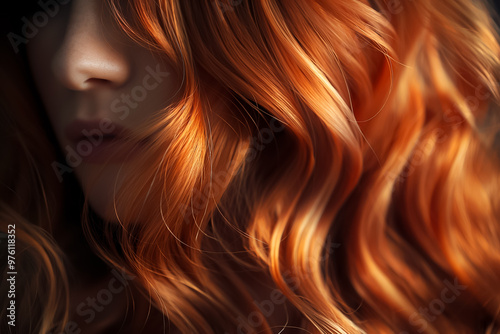 Richly textured, vibrant red hair cascades in soft waves, framing the face of a woman in a softly lit environment, highlighting natural beauty and elegance