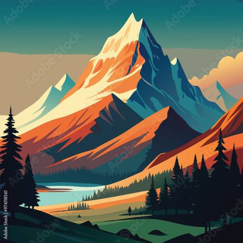 A paintings of mountains and trees with a lake