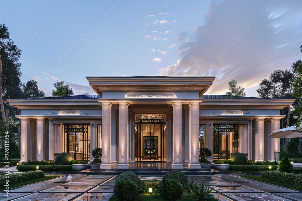 Fototapeta premium Beautiful modern house exterior with grass field Modern residential district