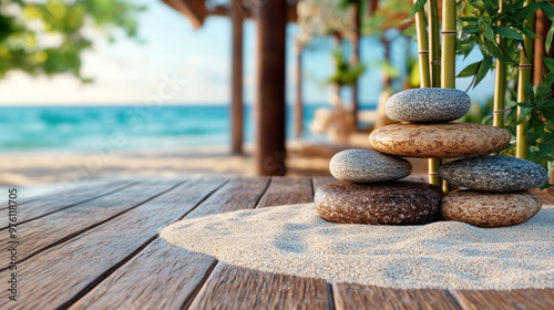 A tranquil zen garden with raked sand, smooth stones, and bamboo trees, perfect for meditation photo