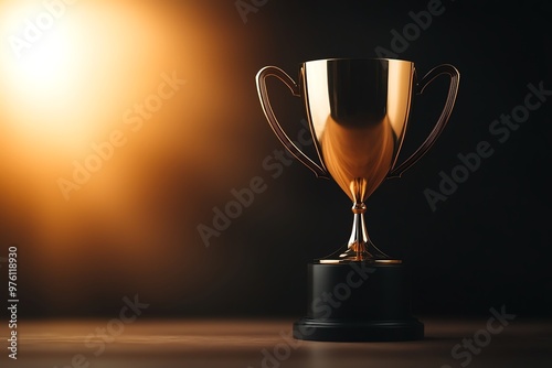 3D Shining golden trophy on a dark background, symbolizing victory and achievement. Ideal for award, competition, or celebration themes.