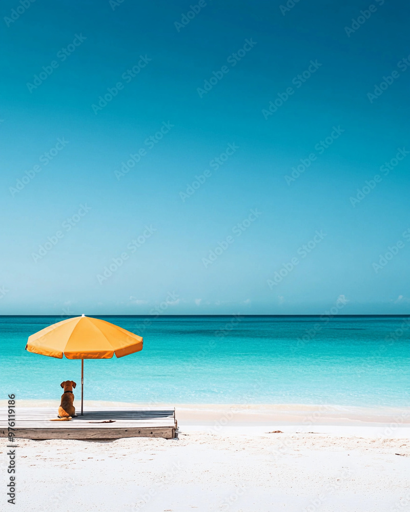 Serene Beach Scene with Dog Under Umbrella by Turquoise Ocean Serene Beach Scene with Dog Under Umbrella by Turquoise Ocean