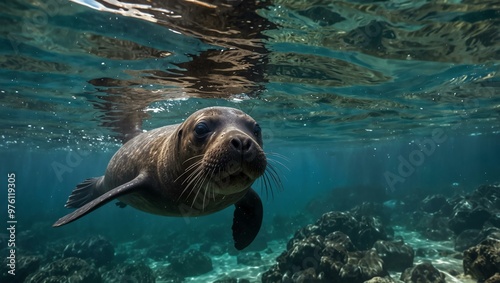 Galapagos fur seal swimming toward the camera in tropical waters.