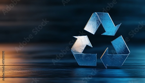 Stylized metal recycling symbol on a dark wooden surface, representing sustainability and eco-friendly practices.