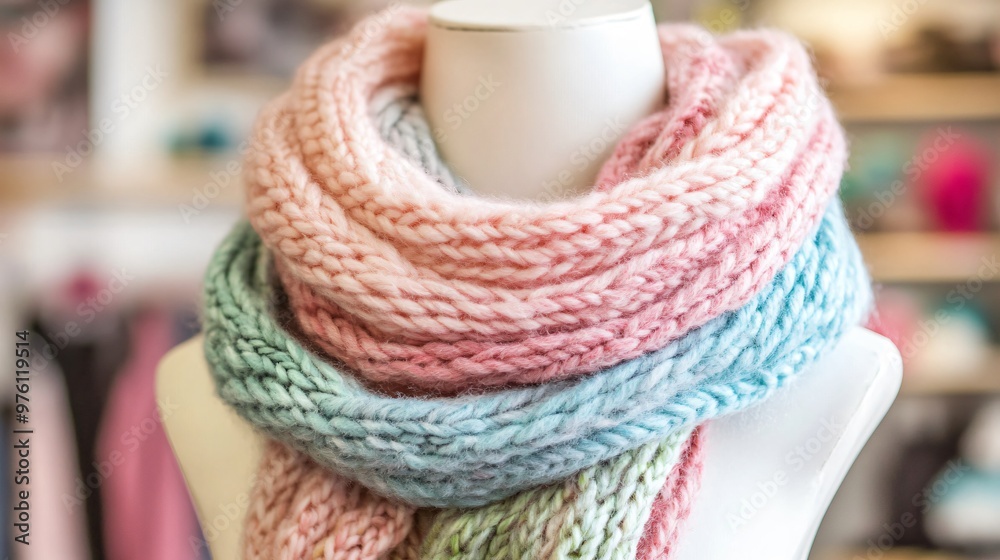 A chunky knit scarf in pastel tones, wrapped around a porcelain mannequin neck, with a fashion boutique backdrop A chunky knit scarf in pastel tones, wrapped around a porcelain mannequin neck, with a fashion boutique backdrop