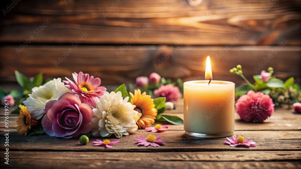Burning candle and beautiful flowers creating a cozy atmosphere on a wooden table indoors Burning candle and beautiful flowers creating a cozy atmosphere on a wooden table indoors