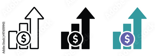 Dollar rate increase vector icon set. Cost rise vector illustration. Business money cash increase signs