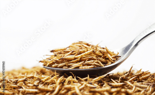 Edible mealworms on a spoon, showcasing an alternative protein source.
 photo