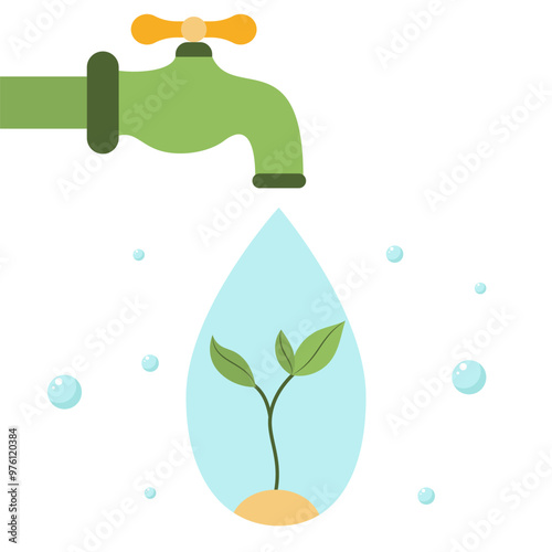 Drop of water with sprout inside comes out of tap. Economical use of natural resources. Environmental protection. Save plants and forests. Eco friendly. Sustainable living. Vector illustration.