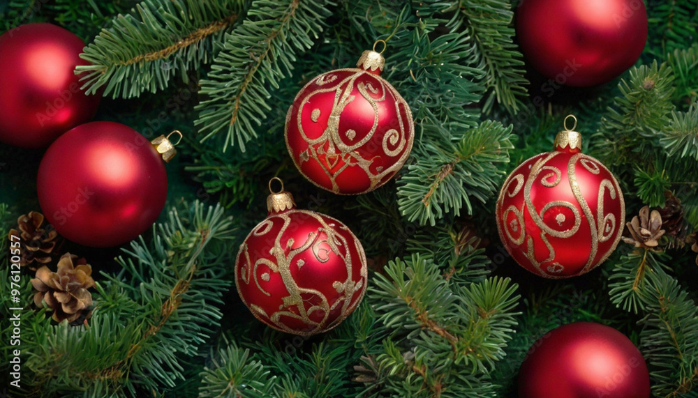 Fototapeta premium Christmas decorations - red decorative balls, toys on green branches. Festive New Year background