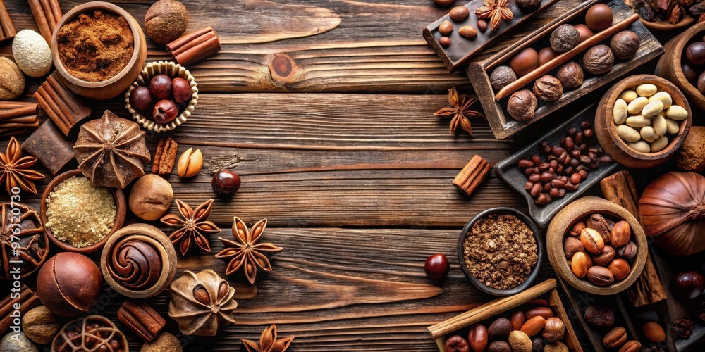 Assorted chocolate, cocoa nuts, and spices arranged on a wooden surface, top view Assorted chocolate, cocoa nuts, and spices arranged on a wooden surface, top view