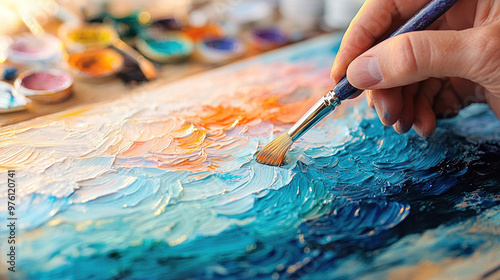 An artist painting a colorful canvas in a sunlit studio, surrounded by brushes and paints photo