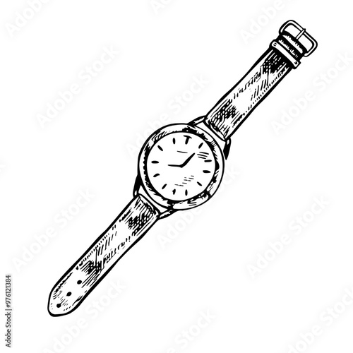 Watch. A black and white vector graphic illustration made by hand. They stand out on a white background. A wristwatch with a strap. An element of the design of banners, flyers, posters and packages.