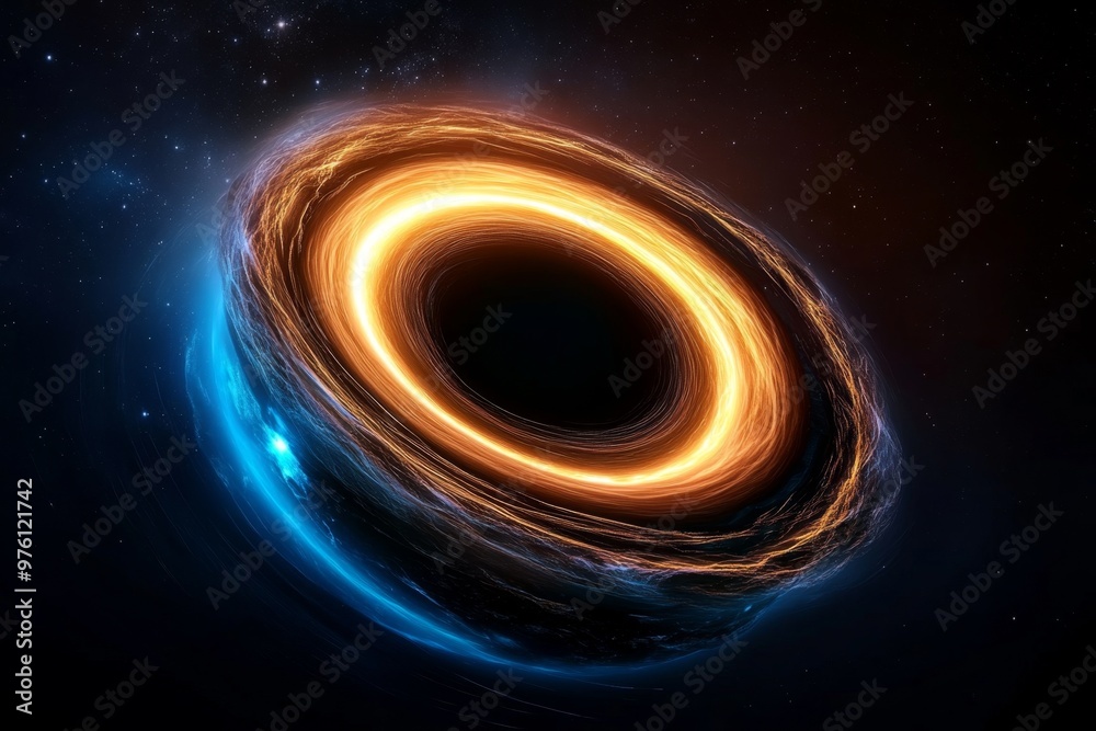 A black hole bending light and space, with a glowing accretion disk spiraling around it
