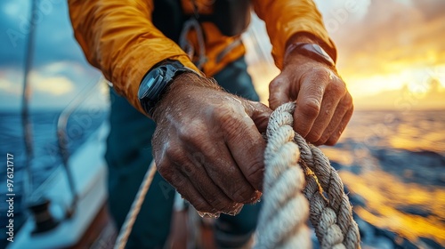 Detail of hands cleating off superyacht mooring lines on the foredeck with teak deck and stainless steel fittings photo