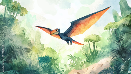 Cute Little Pterodactyl Flying Over Rainforest Watercolor Illustration For Childrens Book Adorable Character Colorful Kids Storybook Prehistoric Flight