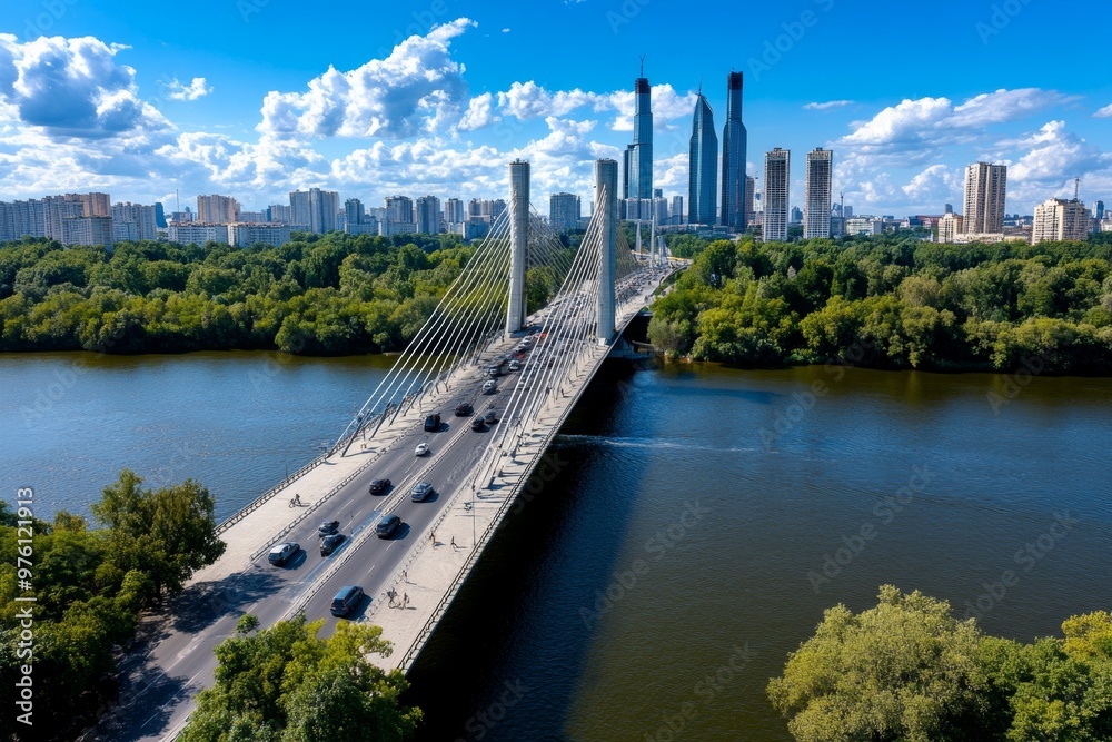 Obraz premium A bridge crossing a city river, with traffic and pedestrians moving in both directions