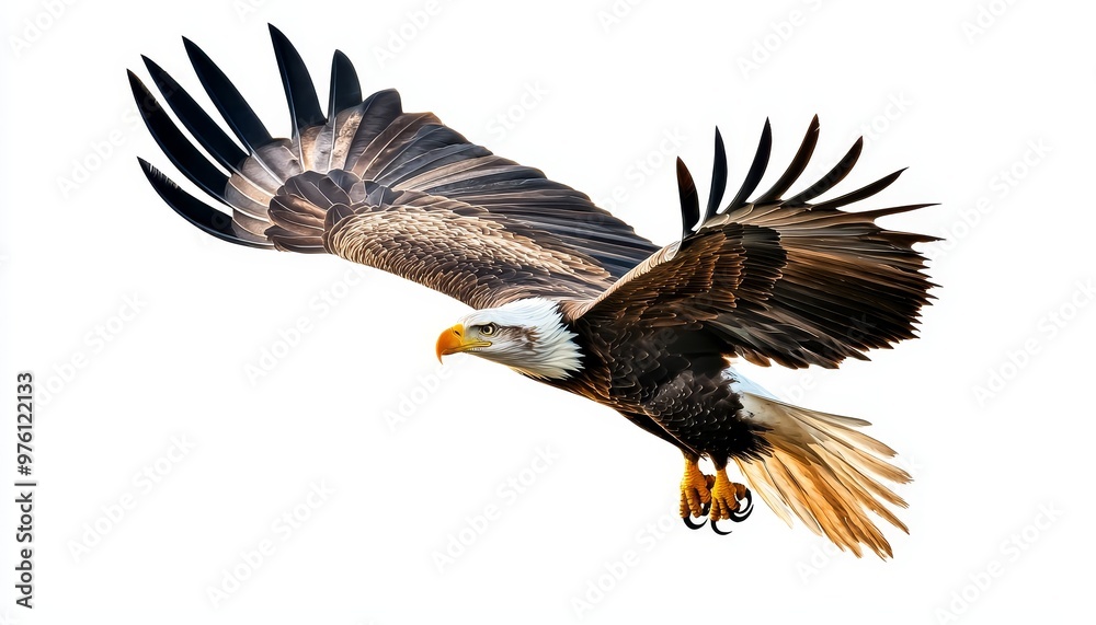 Obraz premium A majestic eagle soaring in the sky, showcasing its powerful wings and sharp features. Perfect for wildlife and nature themes.