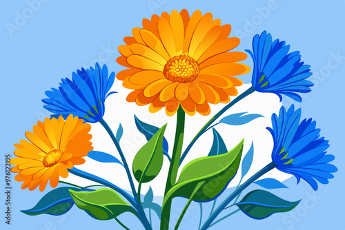 Illustration of the flowering plant with colourful flowers on a white background photo